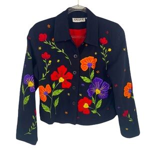 Anage Women's Vintage Black Floral Embroidered Blazer Button-Down size Small